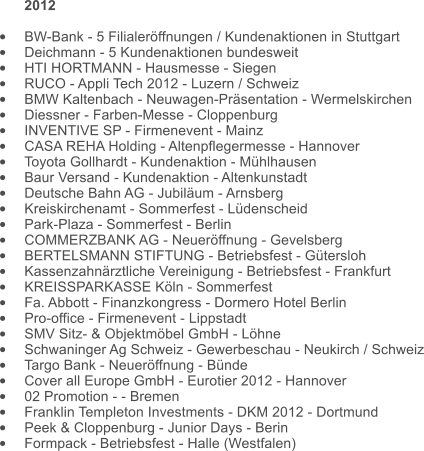 2012  •	BW-Bank - 5 Filialeröffnungen / Kundenaktionen in Stuttgart •	Deichmann - 5 Kundenaktionen bundesweit •	HTI HORTMANN - Hausmesse - Siegen •	RUCO - Appli Tech 2012 - Luzern / Schweiz •	BMW Kaltenbach - Neuwagen-Präsentation - Wermelskirchen •	Diessner - Farben-Messe - Cloppenburg •	INVENTIVE SP - Firmenevent - Mainz •	CASA REHA Holding - Altenpflegermesse - Hannover •	Toyota Gollhardt - Kundenaktion - Mühlhausen •	Baur Versand - Kundenaktion - Altenkunstadt •	Deutsche Bahn AG - Jubiläum - Arnsberg •	Kreiskirchenamt - Sommerfest - Lüdenscheid •	Park-Plaza - Sommerfest - Berlin •	COMMERZBANK AG - Neueröffnung - Gevelsberg •	BERTELSMANN STIFTUNG - Betriebsfest - Gütersloh •	Kassenzahnärztliche Vereinigung - Betriebsfest - Frankfurt •	KREISSPARKASSE Köln - Sommerfest •	Fa. Abbott - Finanzkongress - Dormero Hotel Berlin •	Pro-office - Firmenevent - Lippstadt •	SMV Sitz- & Objektmöbel GmbH - Löhne •	Schwaninger Ag Schweiz - Gewerbeschau - Neukirch / Schweiz •	Targo Bank - Neueröffnung - Bünde •	Cover all Europe GmbH - Eurotier 2012 - Hannover •	02 Promotion - - Bremen •	Franklin Templeton Investments - DKM 2012 - Dortmund •	Peek & Cloppenburg - Junior Days - Berin •	Formpack - Betriebsfest - Halle (Westfalen)